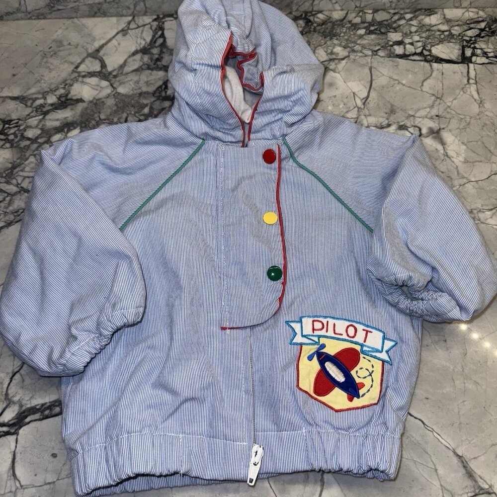 Vintage Tiny Tots 12 Month Blue Pinstripe Pilot Jacket Hooded Lightweight Plane